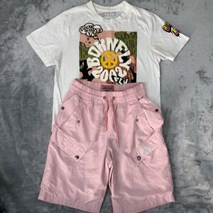 Born Fly Shirt and Shorts 2 Piece Set Men's Size Medium and Small White/Pink